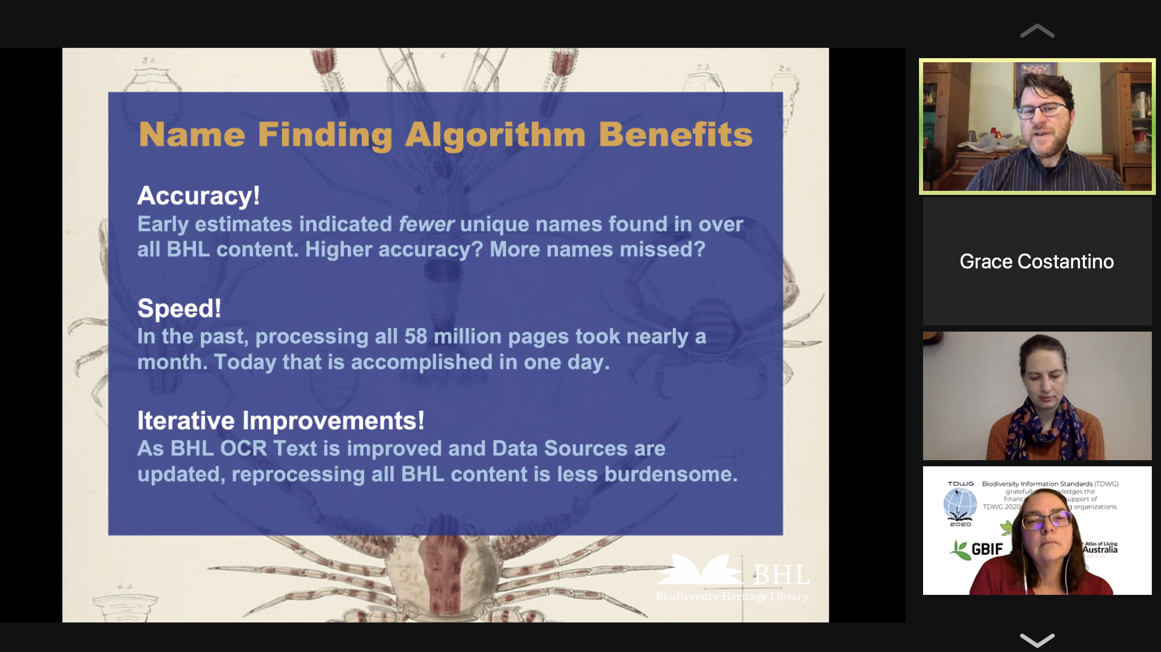 Screenshot of a Zoom call with a slide showing benefits of BHL's new name finding algorithm.