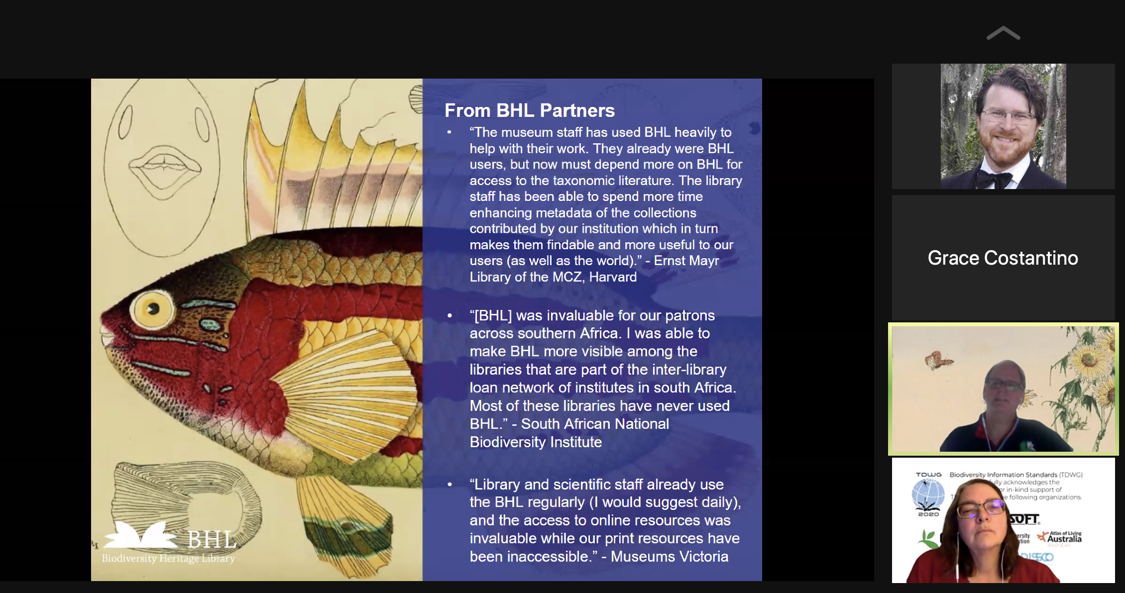 Screenshot of a Zoom call with a slide stating quotes from partners about BHL's impact during the COVID-19 pandemic.