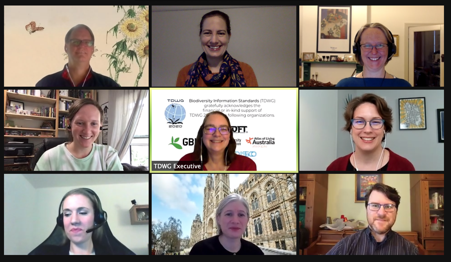 Screenshot of a Zoom call with a collage of various people's faces.