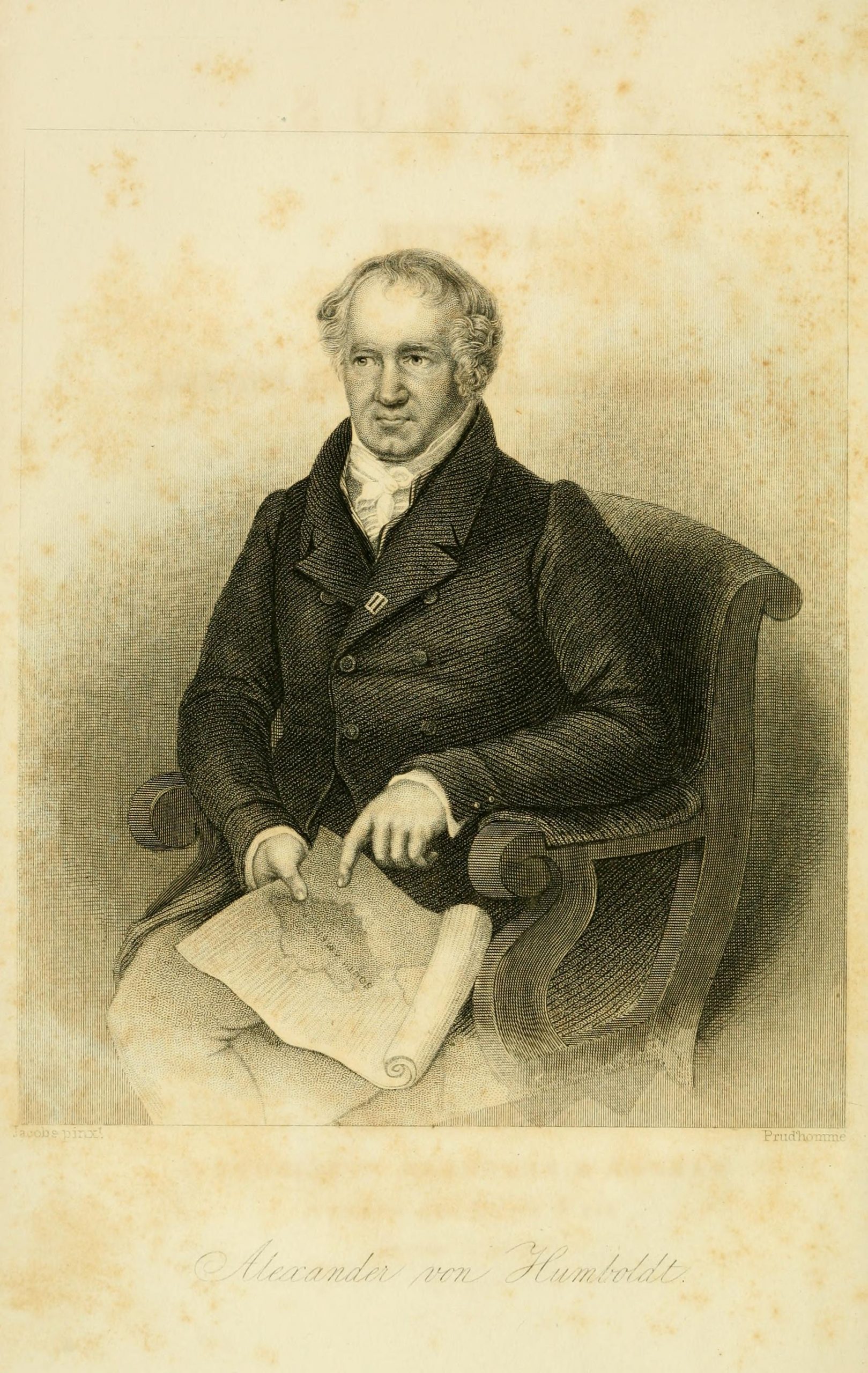 Black and white illustration of a man with receding hair dressed in 19th century clothing sitting in a chair, pointing to a map in his lap.