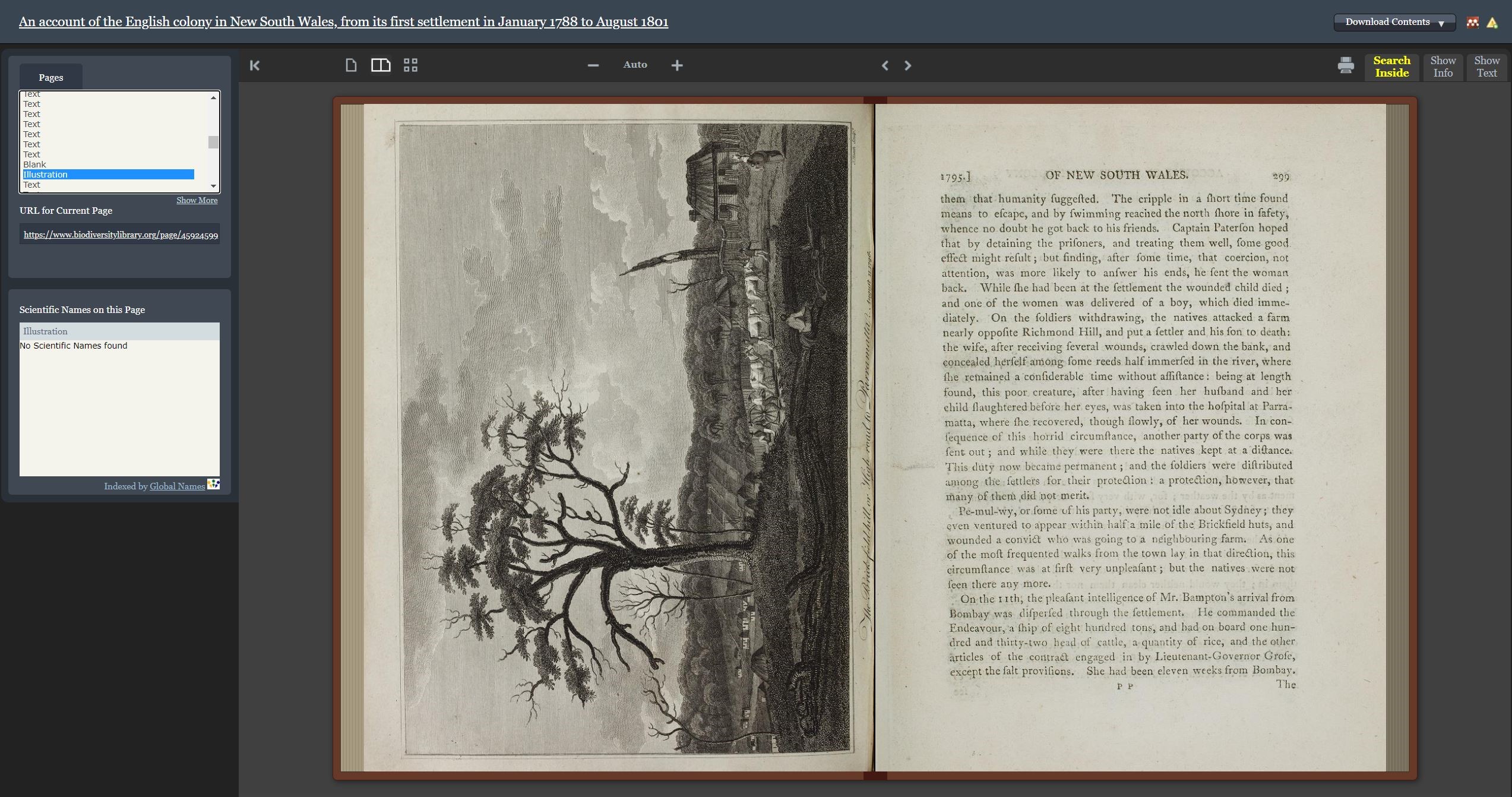 Screenshot of the book viewer in BHL with pages from An account of the English colony in New South Wales.
