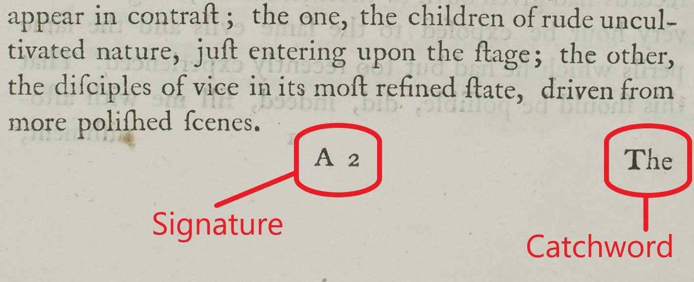 Highlight of signatures and catchwords on a printed page of a rare book.