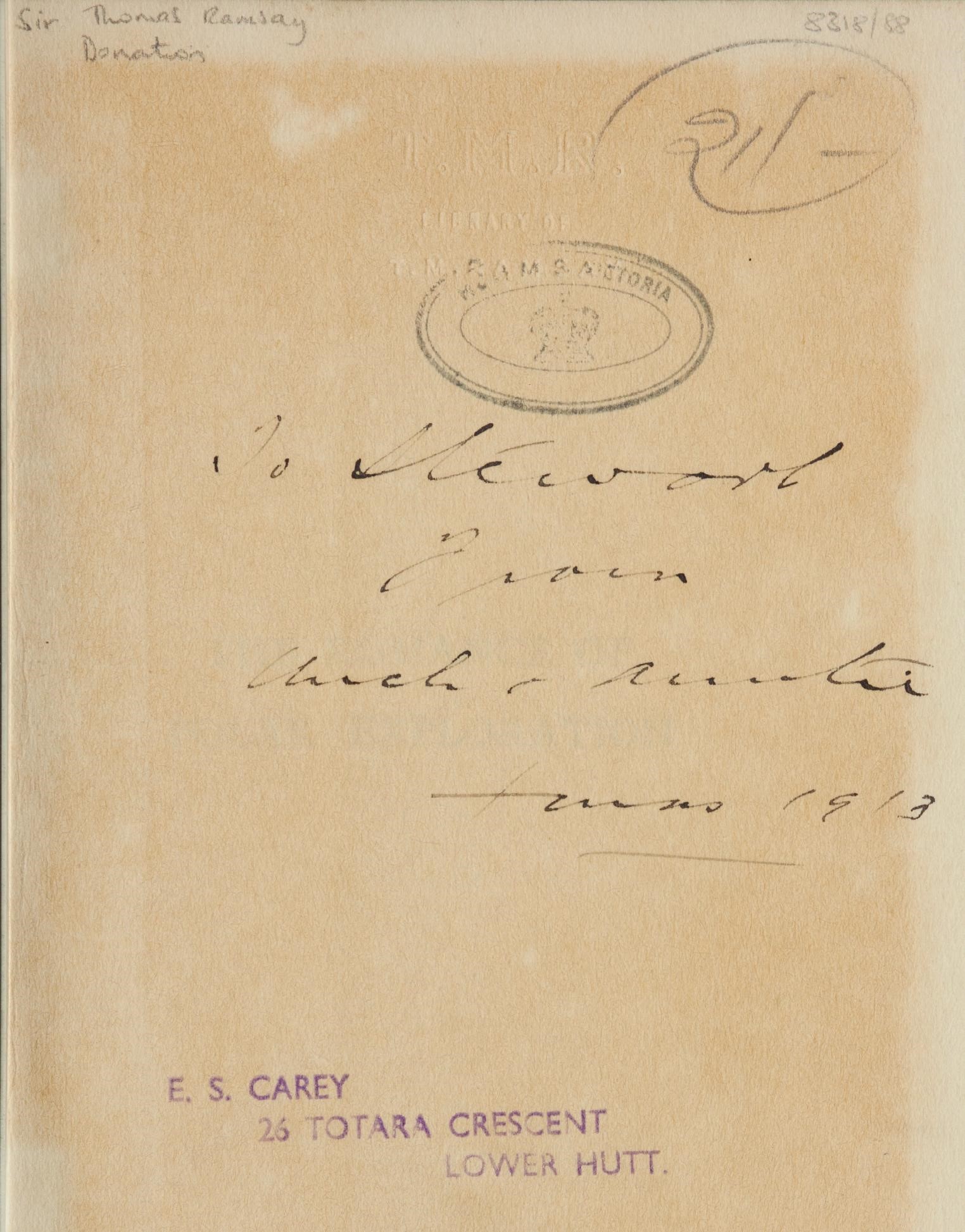 Provenance information highlighted on the front flyleaf of a rare book.