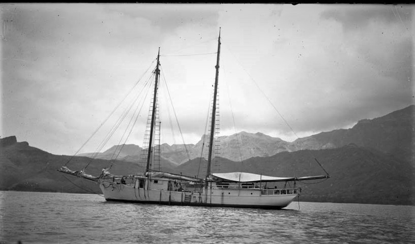 black and white photo of a schooner at sea.