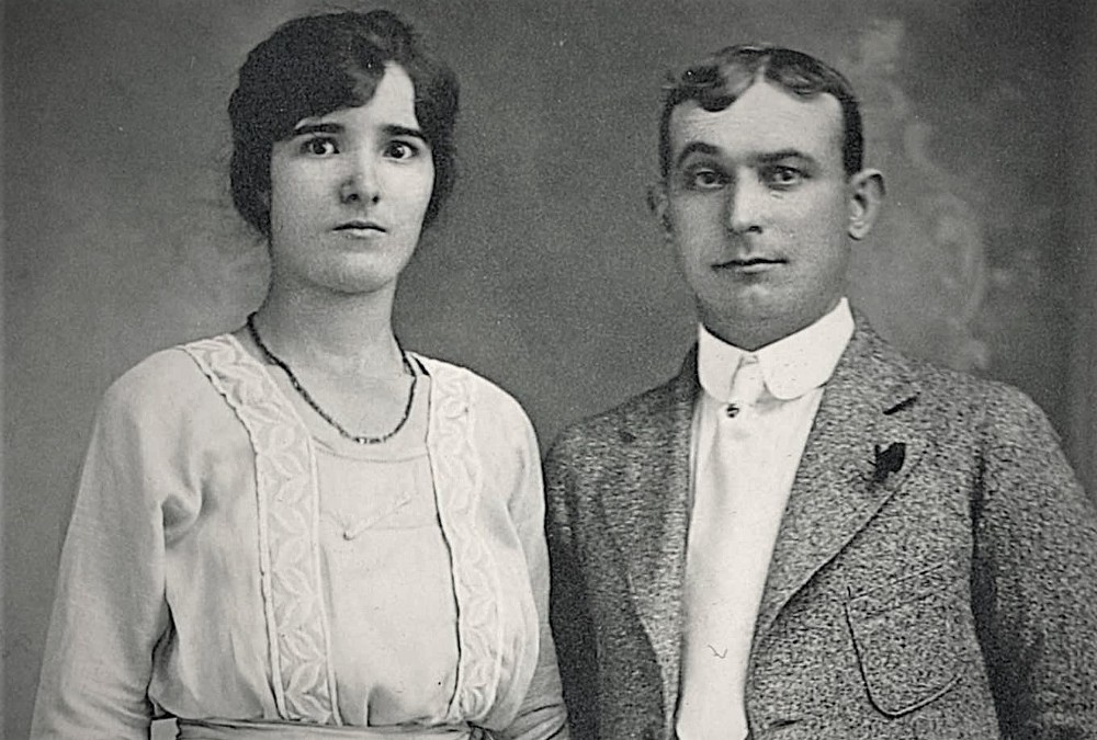 Black and white photo of a man and a women with light skin, dark hair, dressed in early 19th century clothes.