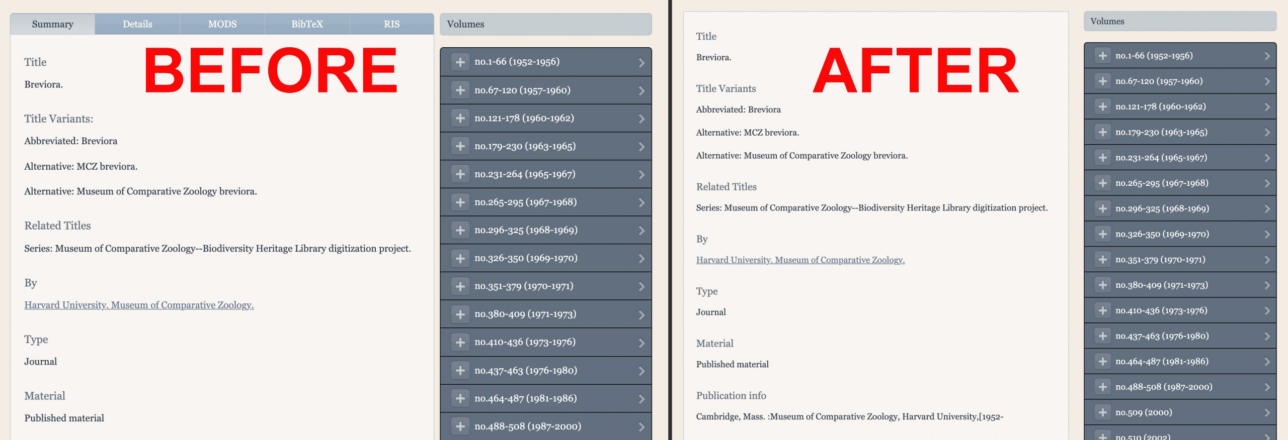 Screenshot showing BHL bibliography pages before and after.