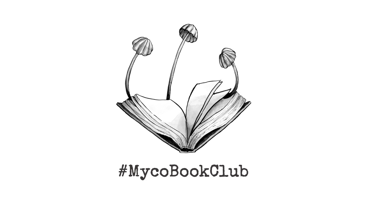 #MycoBookClub logo fungi growing out of a book