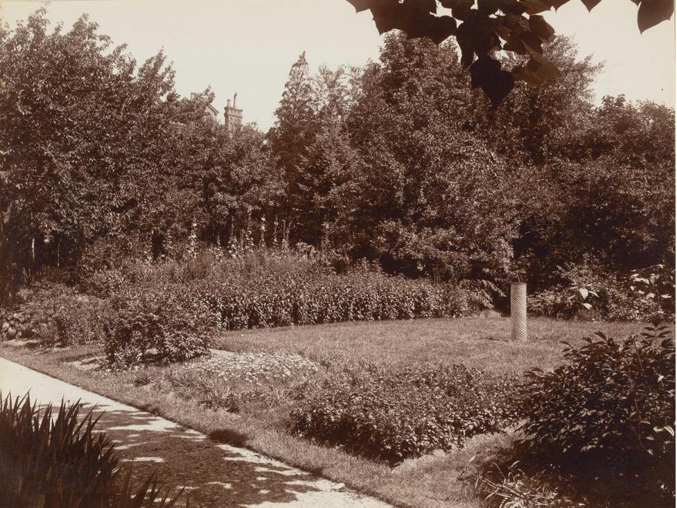 Black and white photograph of a garden.