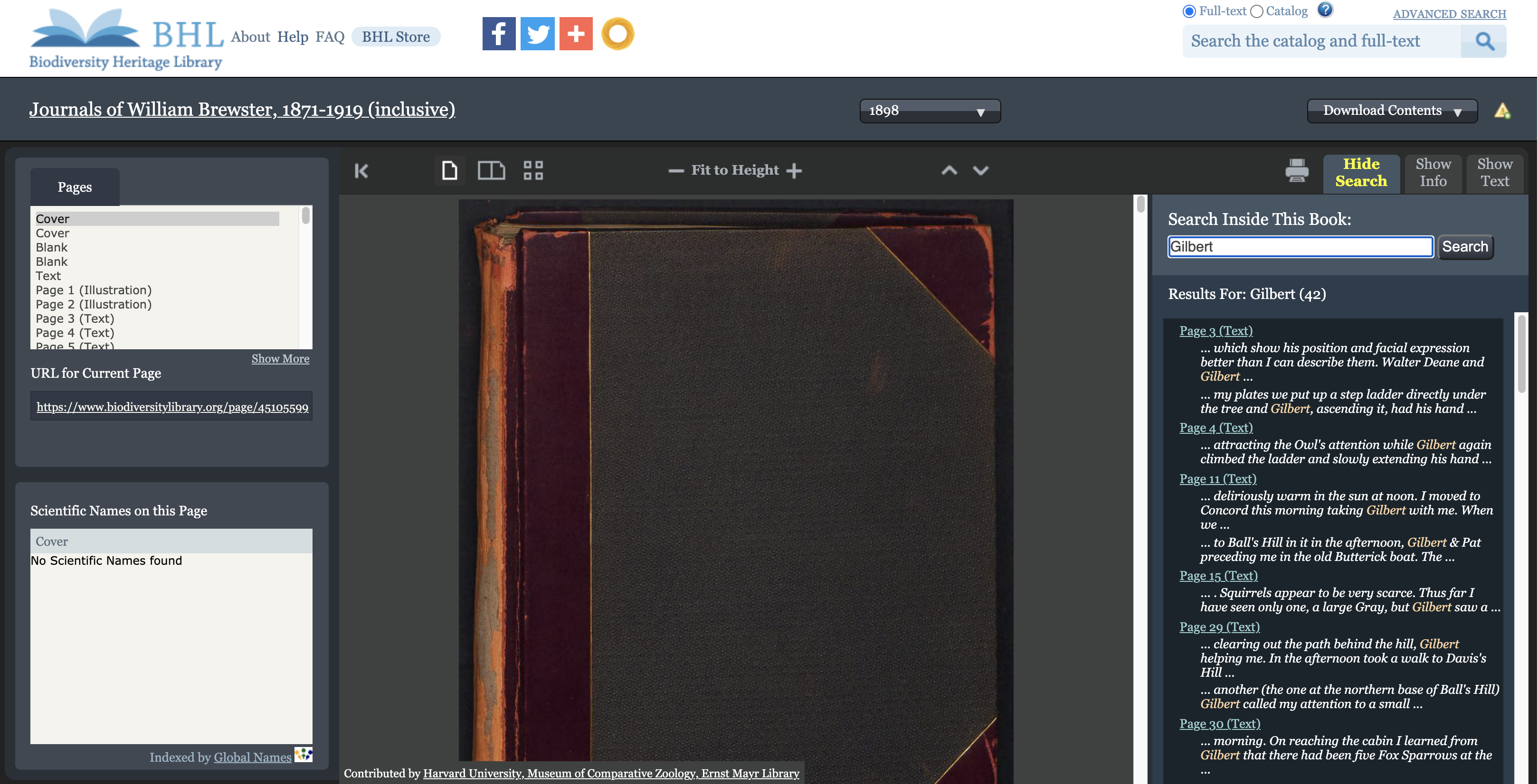 Screenshot of the BHL book viewer with full text search results for "Gilbert" displayed.