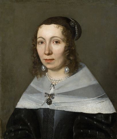 Portrait of a woman in 17th century clothes.