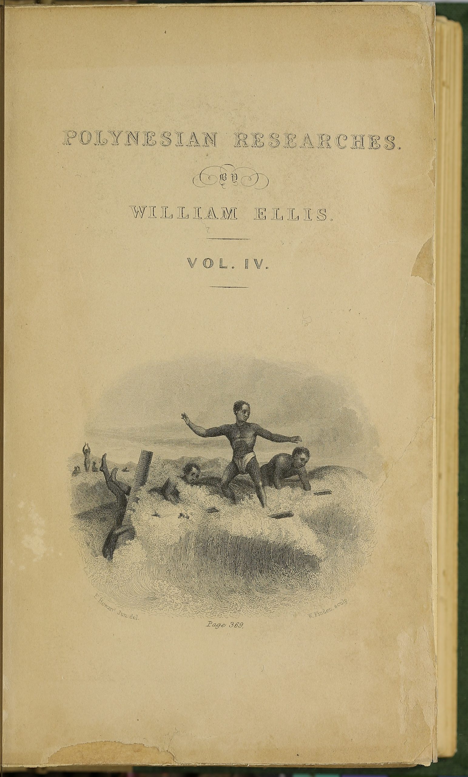 An engraving of ka poʻe kānaka heʻe nalu, indigenous Hawaiians surfing.