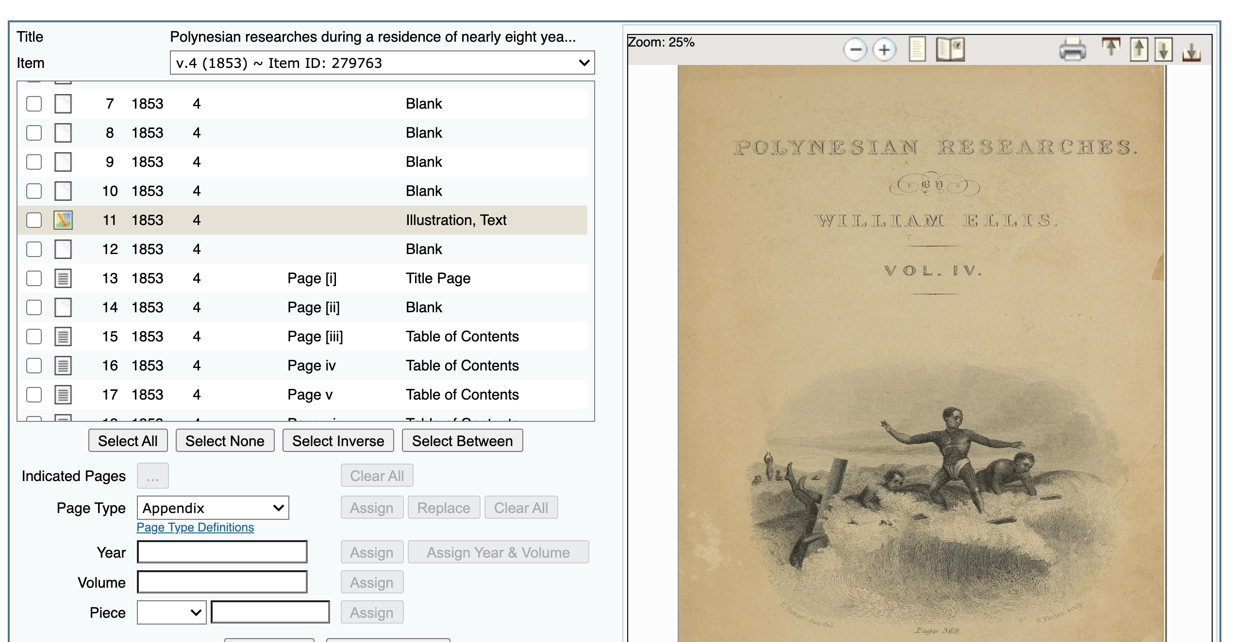 Interface in the BHL administrative dashboard for adding page-level metadata to digitized books.