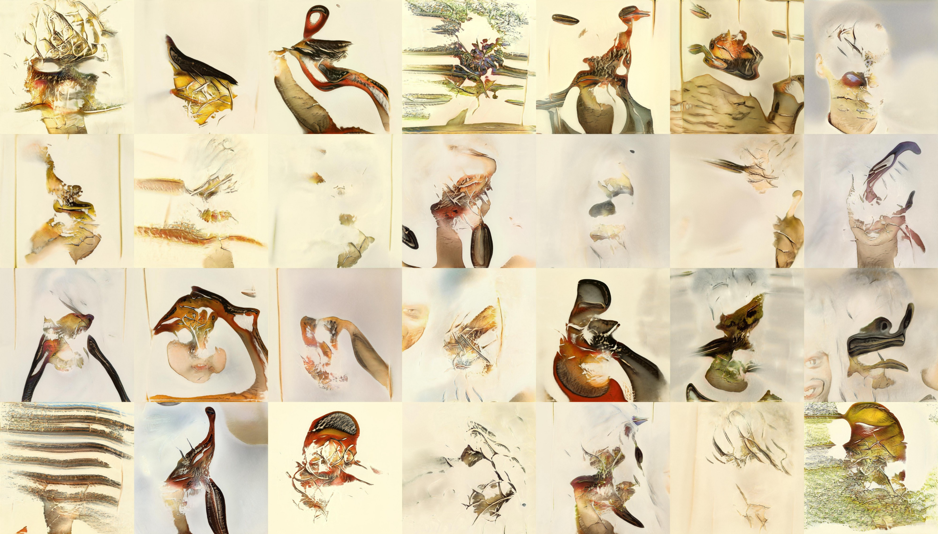 The same contact sheet style 28 images. You can now see almost no face-like features at all. At this stage the images look very abstract. You can see the background colour is a pale beige like on a lot of the illustrations of birds. You can see the model learning that the birds are generally in the centre of the image. But we have abstract blobby shapes in the foreground at the moment, rather than anything that looks like birds. The colours of these blobs are starting to look bird-like, though.