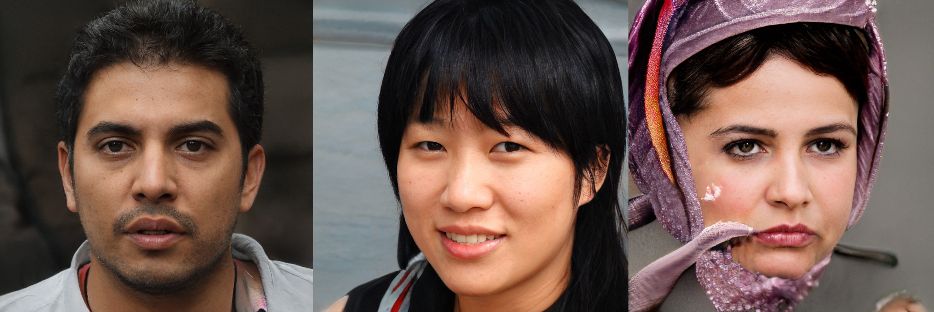 A set of three photos of faces. The first two photos look like real photos, the third one however looks like they might have a headscarf or hat on but when you look at it you realise it’s more of a weird melty abstract shape and the head is floating in space.