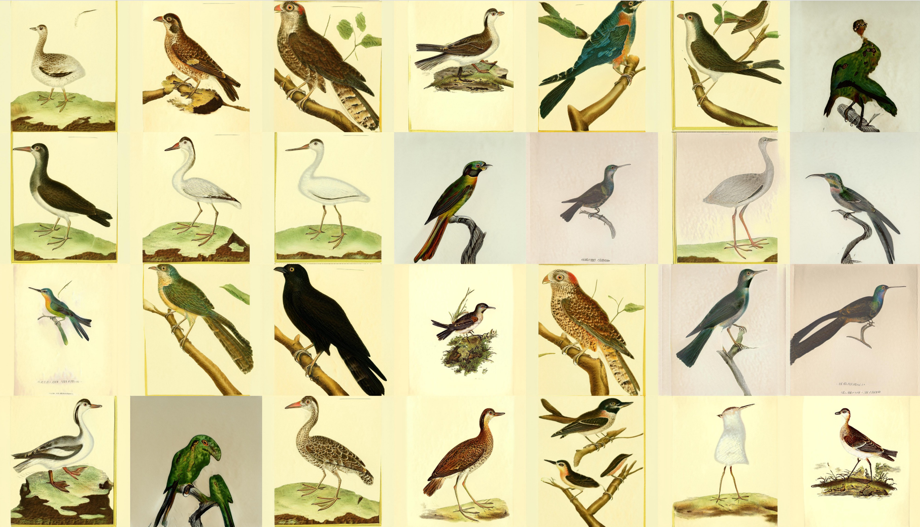 The contact sheet of images. Here if you don’t look closely you think it’s just a collection of real illustrations of birds. Most of them look like birds and we now have details like legs and eyes. In some cases a bird is a bit warped like it’s melting, and in other cases a bird might have three legs or eyes. But for the most part it looks like real bird illustrations.