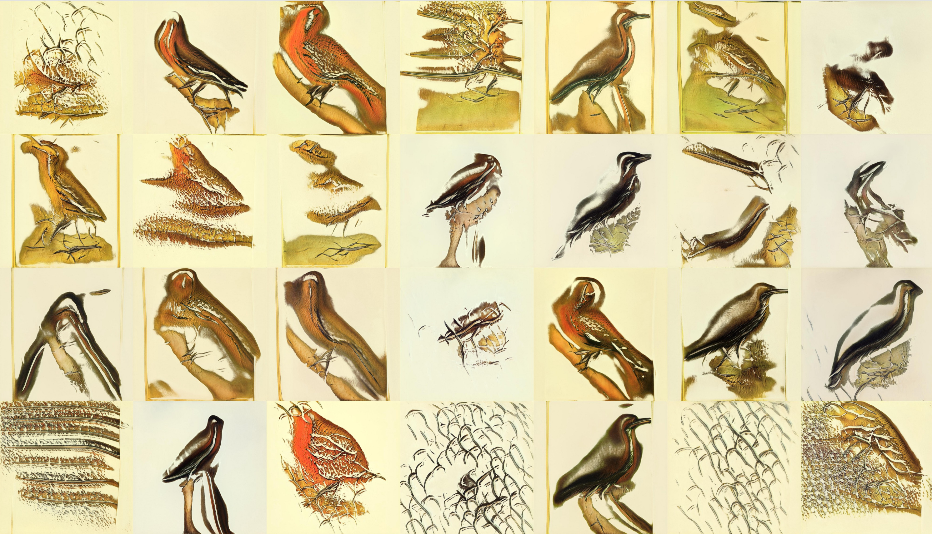 The contact sheet of images. Here the foreground shapes in a lot of cases are starting to look bird-shaped! There is no detail like feathers or eyes or legs, but the outlines look like birds in about half of the images. Some are still abstract, though, like just some wavy lines.