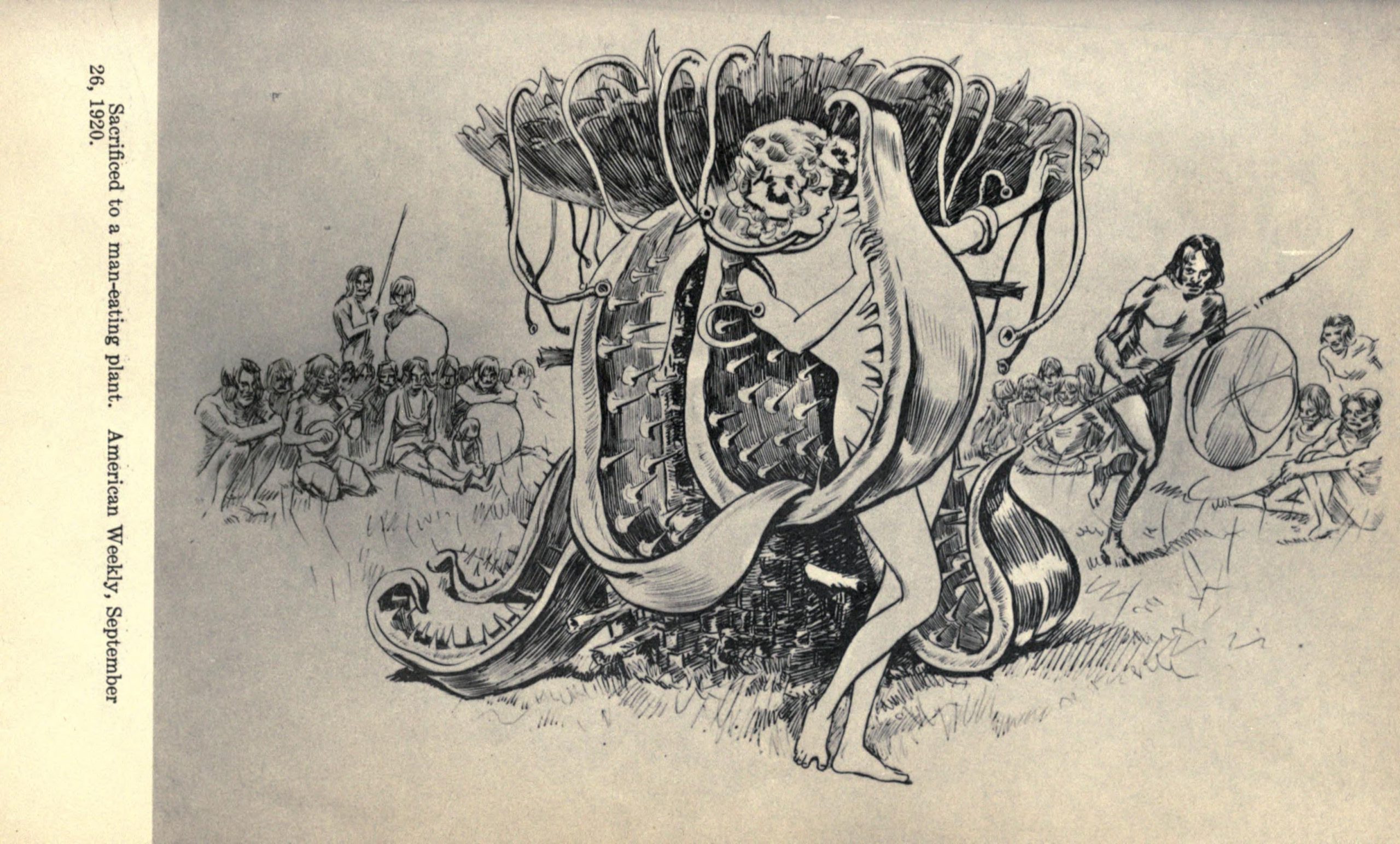 A woman is fed to a giant carnivorous plant while men and women with spears and shields look on.