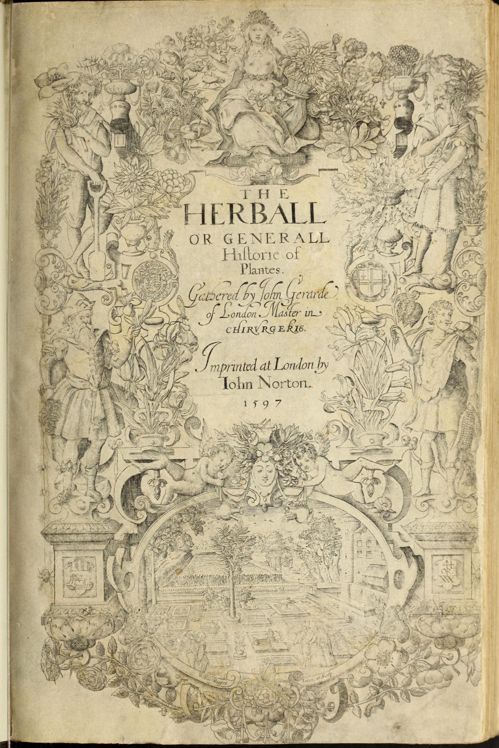 Ornate black and white title page depicting a garden scene, two cherubs, four gentlemen, and a female figure