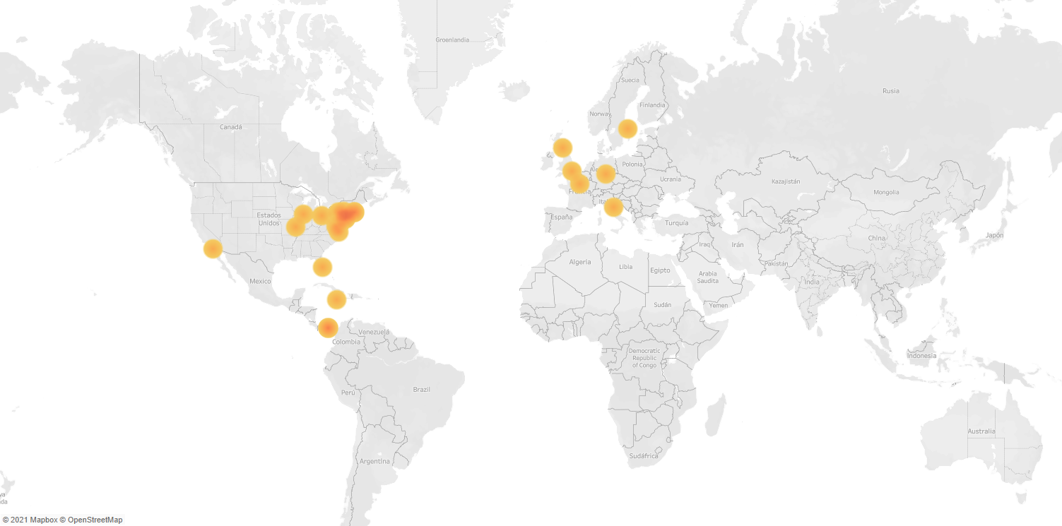 Global map showing places of publication in a data set