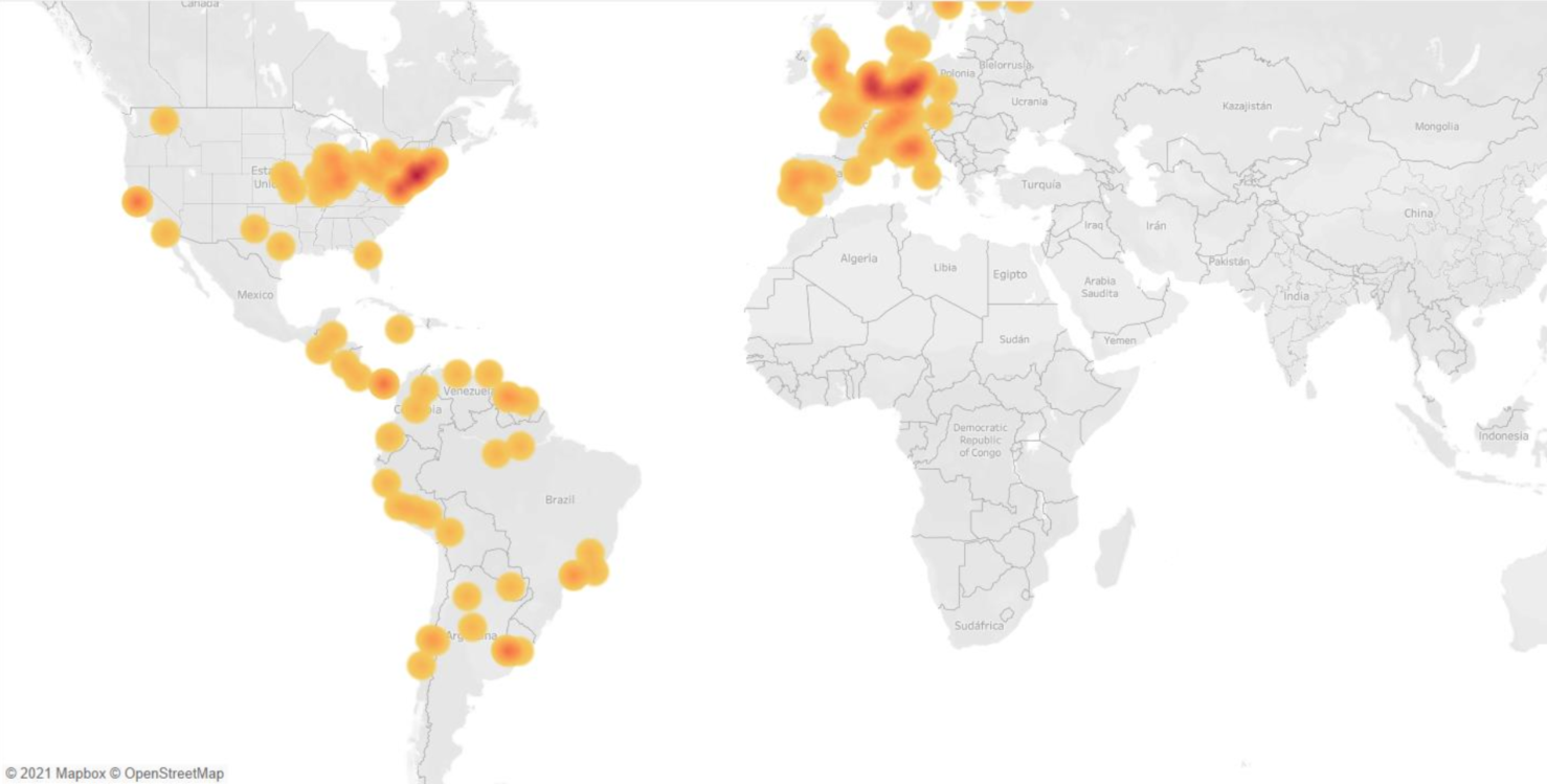Global map showing places of publication in LAC dataset