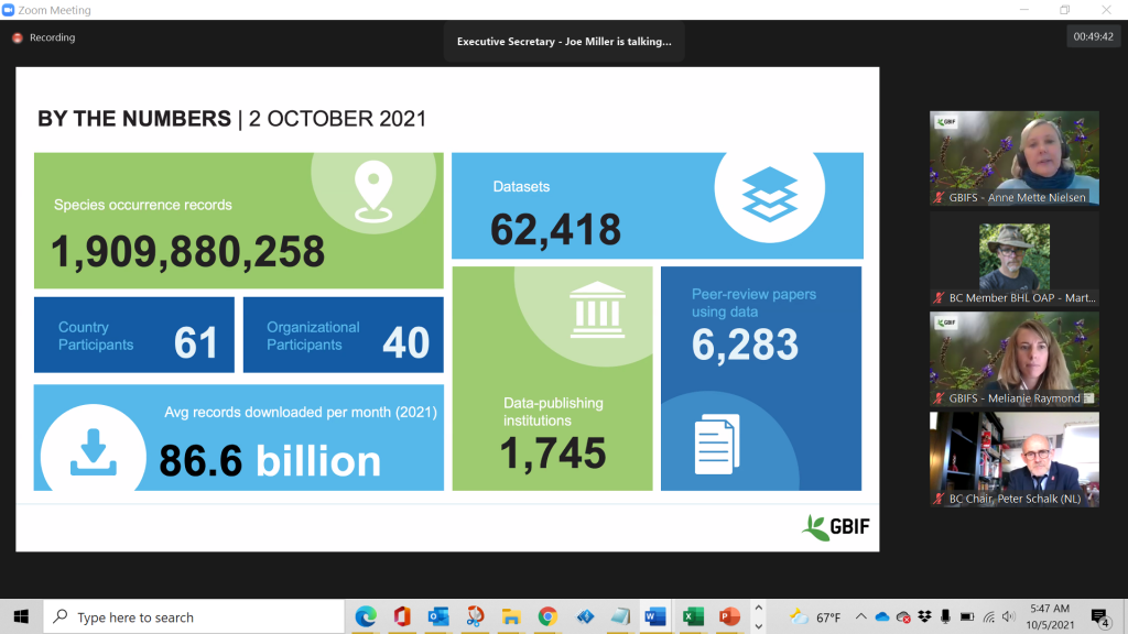 Screenshot of GBIF GB28 meeting with speakers and slides