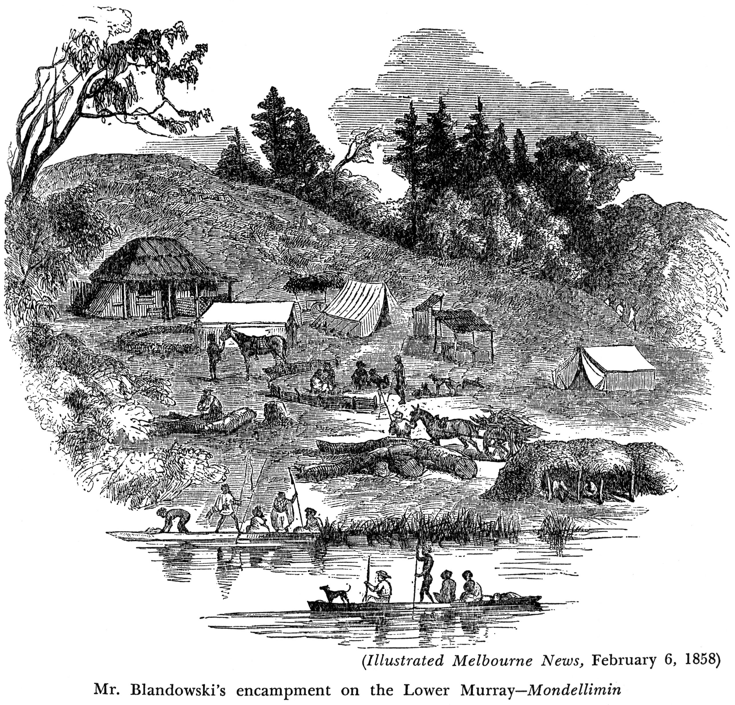 Encampment on a river with tents and other structures