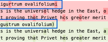Color coded comparison of OCR text highlighting the differences in text recognition