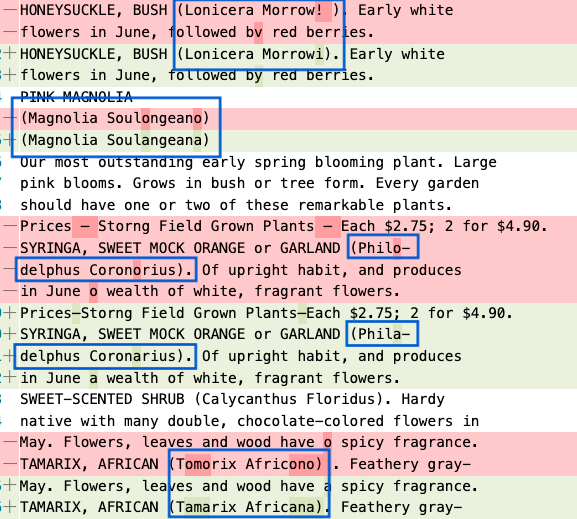 Color coded comparison of OCR text highlighting differences in text recognition