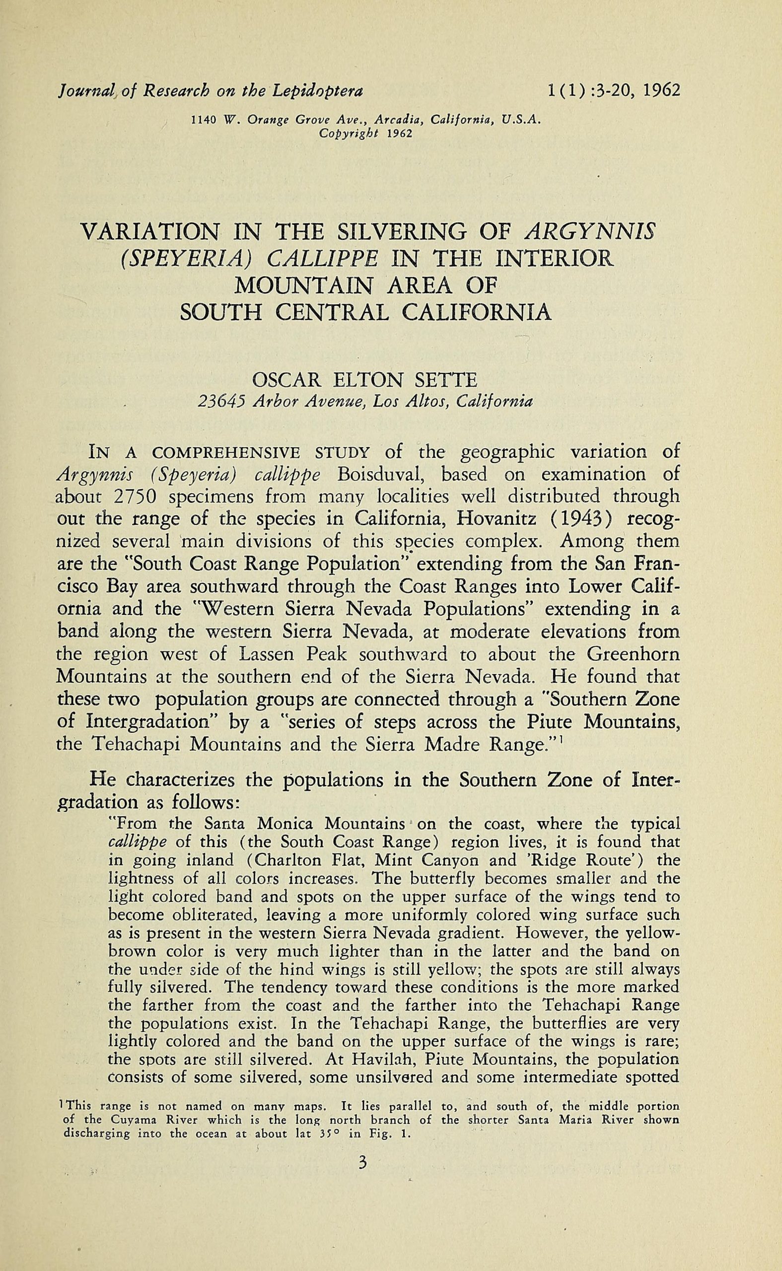 The first page of the first article published in the Journal of Research on the Lepidoptera, titled Variation in the silvering of argynnis (speyeria) callippe in the interior mountain area of south central california.