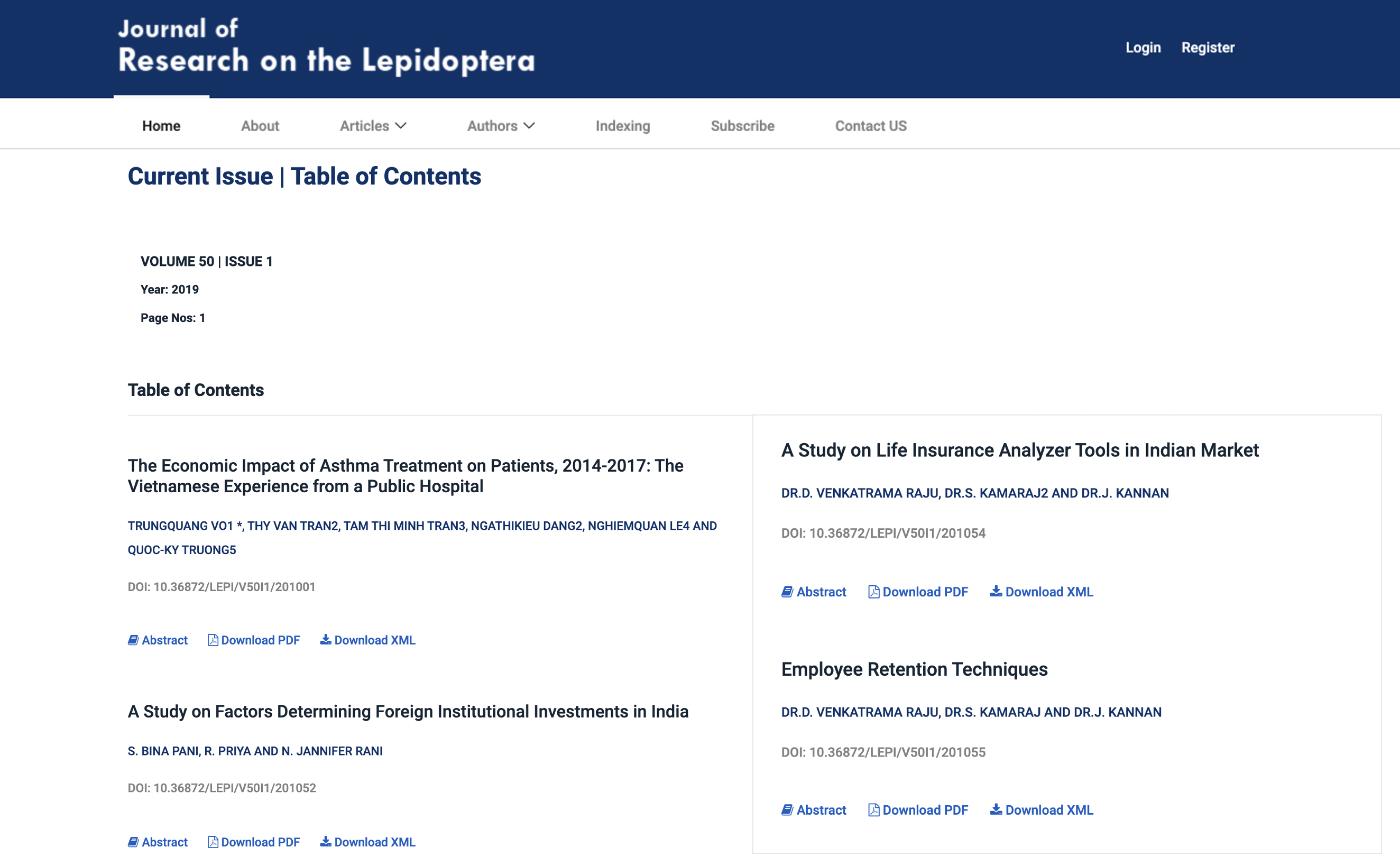 Screenshot of volume 50, Issue 1 of the fraudulently hosted Journal of Research on the Lepidoptera website