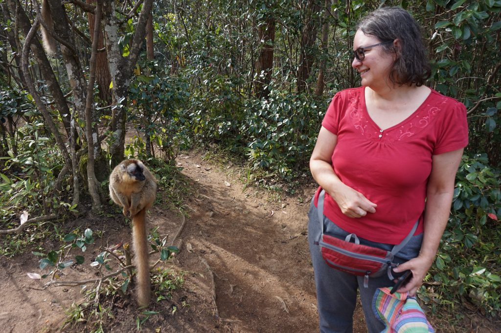 Connie Rinaldo makes a furry friend on an outing from the 2015 GBIF meeting in Madagascar