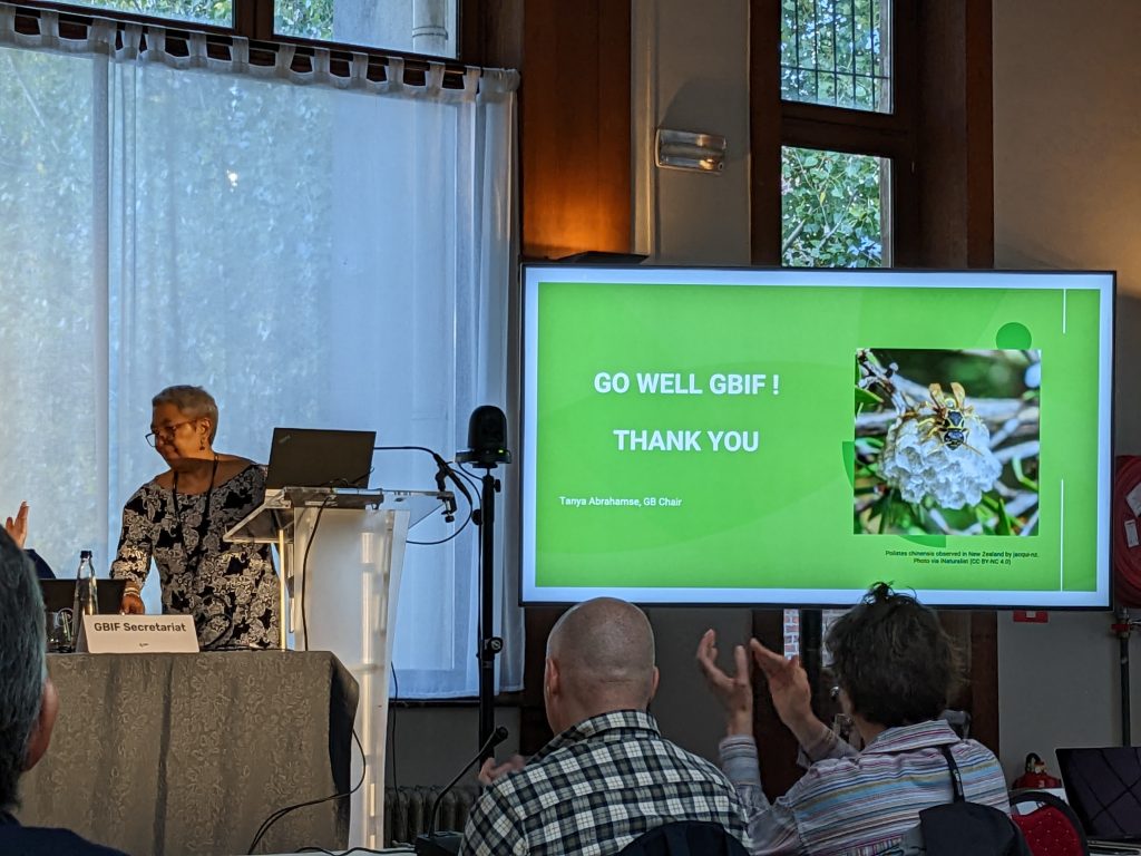 Tanya Abrahamse shares a slide stating "Go Well GBIF! Thank You"