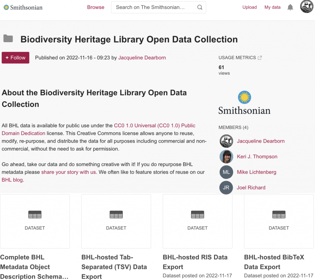 A sample of data sets available from the BHL Open Data Collection on figshare