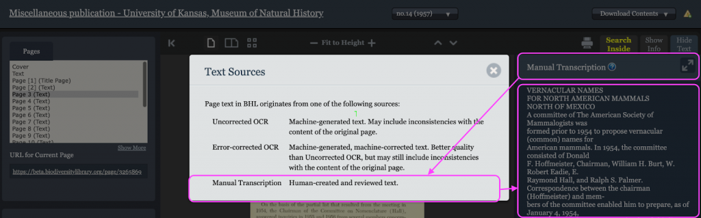 Screenshot of the BHL bookviewer with text source indicator showing manual transcription