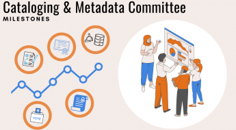 Cataloging & Metadata Committee Milestones with graphic visuals of a team pointing to charts