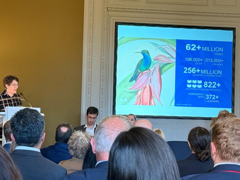 A woman presents at a podium to a seated audience