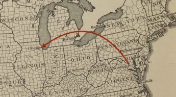 An old map of the northeast United States with an arching arrow from Washington DC and Chicago